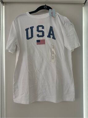 Cat & Jack White Tee with Blue USA Letters and Red Flag Graphic